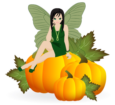 Autumn Fairy in the green dress is sitting on a pumpkinのイラスト素材