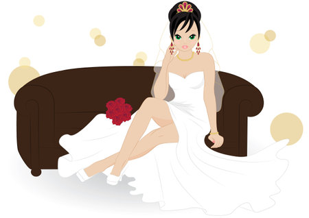 girl in a white dress sitting on a brown sofaのイラスト素材