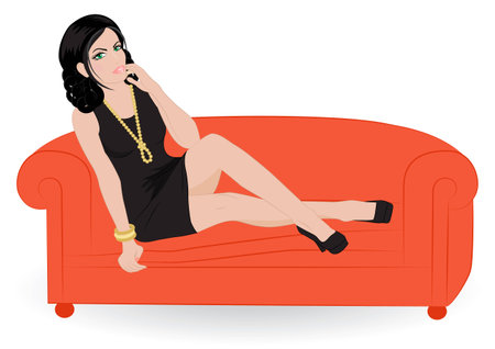beautiful girl in black dress sitting on a sofaのイラスト素材