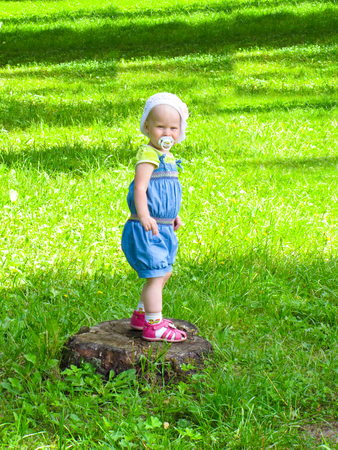 girl in a blue suit stands on a tree stump on the background of green meadowsの写真素材