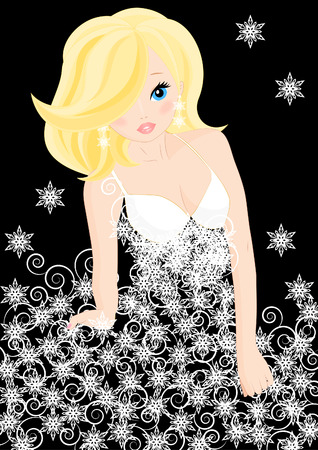 girl snow Queen in a dress made of snowflakes on black backgroundのイラスト素材