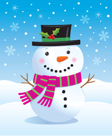 Cute Snowman in Top Hat and Scarfのイラスト素材