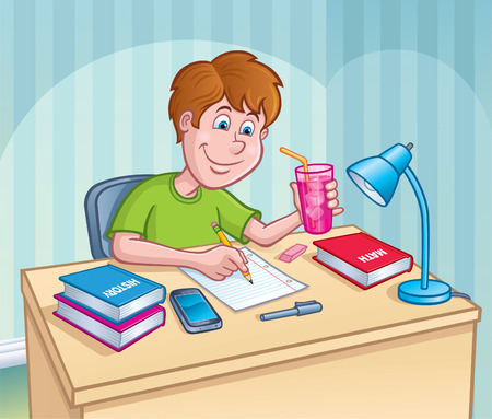 Boy Working On Homework Assignmentのイラスト素材