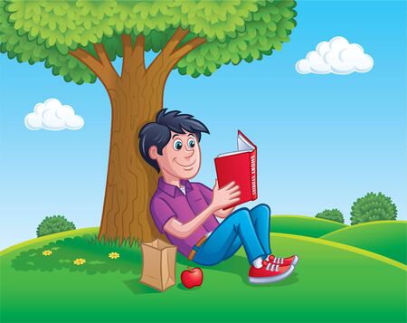 Teen Boy Reading Book Under A Treeのイラスト素材