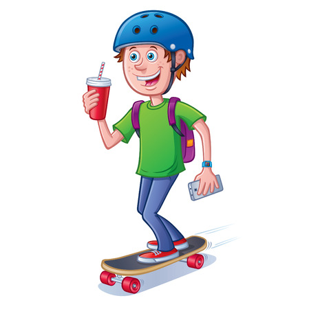 Teen Skateboarder with Backpackのイラスト素材