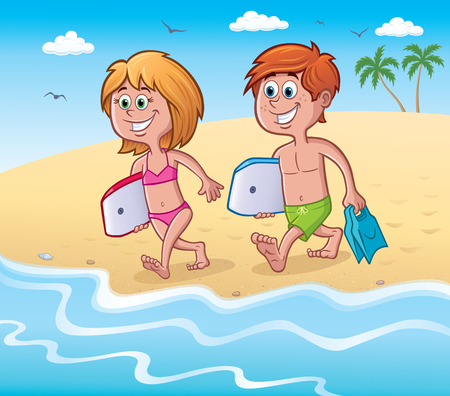 Cartoon of a smiling girl and boy with bodyboards at the beach and walking towards the ocean.のイラスト素材
