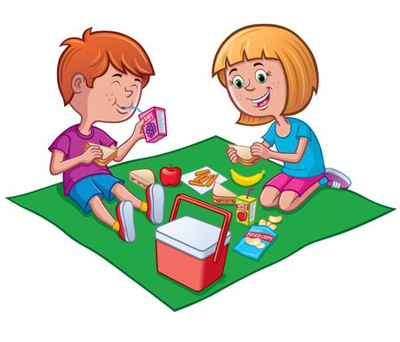 Two Kids Enjoying A Picnic Lunch On A Blanketのイラスト素材