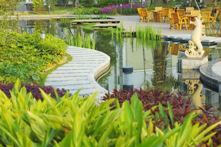 Tranquil Garden with plant and pond in Chinaの写真素材