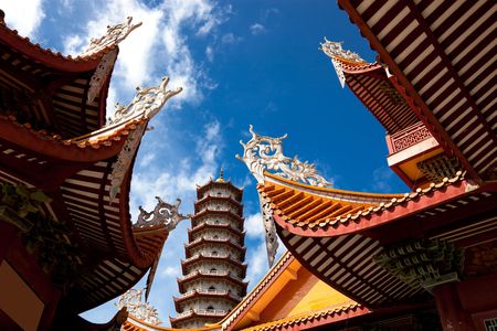 Chinese eaves under blue sky in the temple of Xichan,Fuzhou,Chinaの写真素材