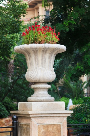 Ornamental  stone flowerpot in garden.The flower on vase is called Chi kuan in China.の写真素材