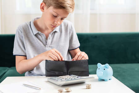 Kid teen boy counting money and taking notes, saving money in a piggy bank. Learning financial responsibility and projecting savings. Concept of finance, business, investment. Lessons in mindfulnessの写真素材
