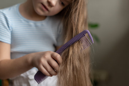 Young caucasian girl combining long hair with purple comb at home.の写真素材