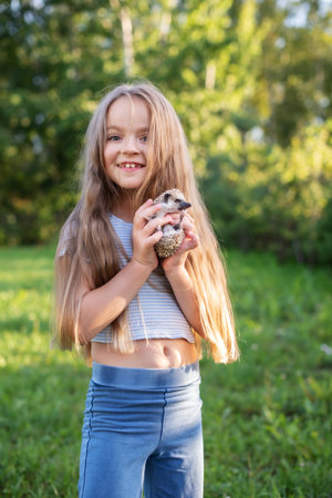 Caucasian young girl holding a hedgehog outdoors in sunny park.の写真素材