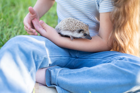 Child with small hedgehog resting on her lap outdoors in a garden setting.の写真素材