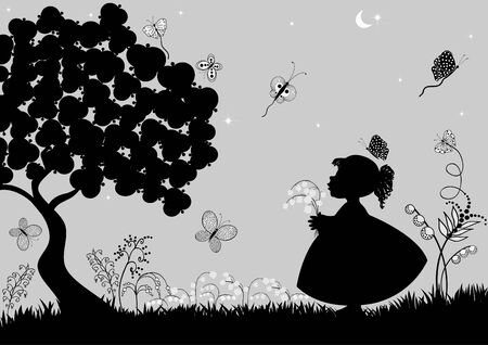 Girl with butterflies and flowersのイラスト素材