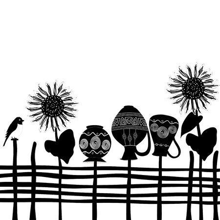 Fence with potsのイラスト素材