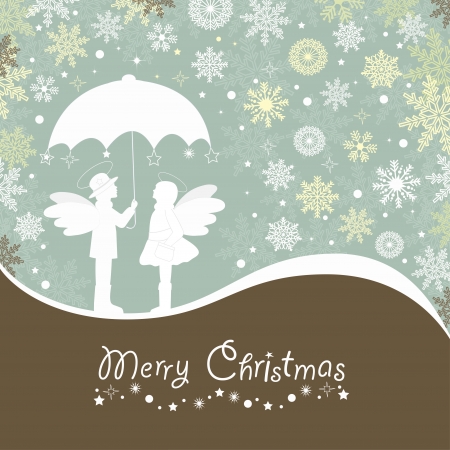Christmas  card with snowflake and angels with umbrellaのイラスト素材
