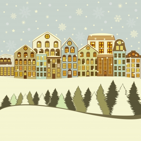 Christmas greeting card with trees and houses in winterのイラスト素材