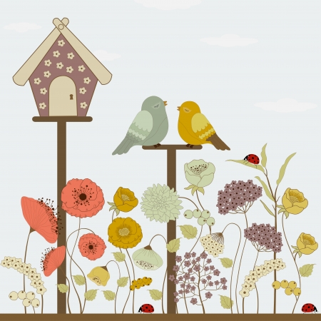 Cute birds and floral house and spring flowersのイラスト素材