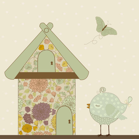 Cute bird and floral house on beige backgroundのイラスト素材