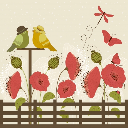 Cute birds in garden with flowers and butterfliesのイラスト素材