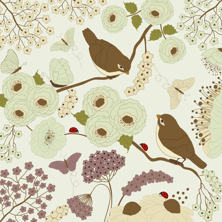 Floral colorful with birds and butterfliesのイラスト素材