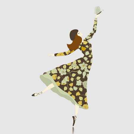 Dancer in floral dress with butterflyのイラスト素材