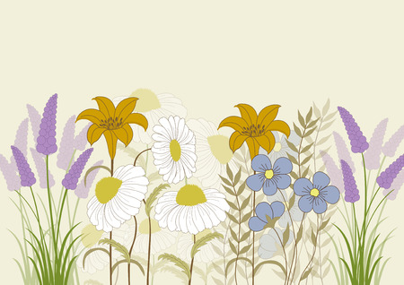 Card with colorful wild flowers on beige backgroundのイラスト素材