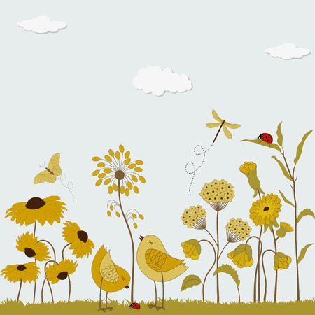 Floral background with birds, butterflies and flowersのイラスト素材