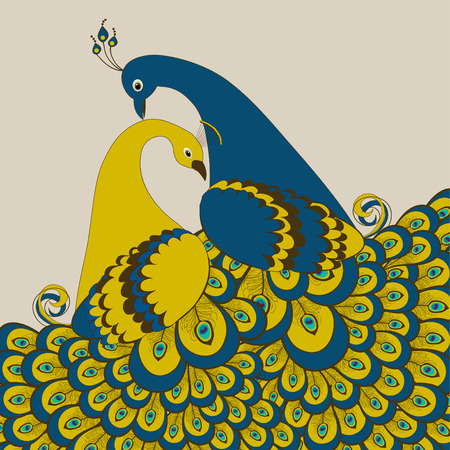 Pair of stylized peacock on beige  backgroundのイラスト素材