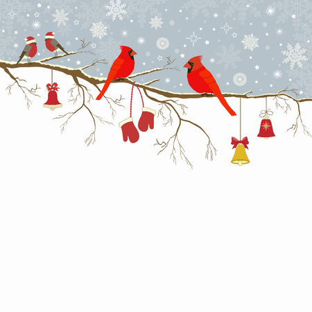Christmas greeting card a branch with birds and bellsのイラスト素材