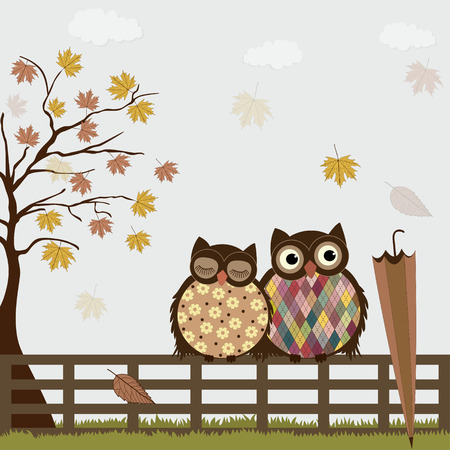 Cute owls on a fence in autumnのイラスト素材