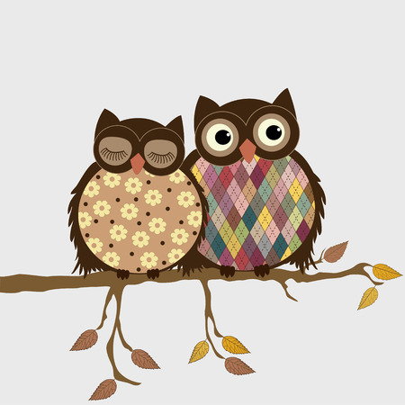 Pair of owls on branch in autumnのイラスト素材