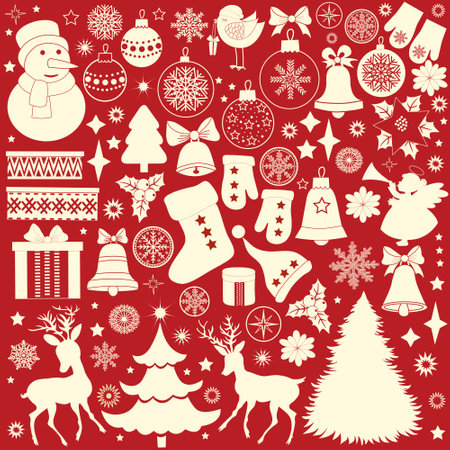 Christmas retro icons, set of Christmas elements on red backgroundのイラスト素材