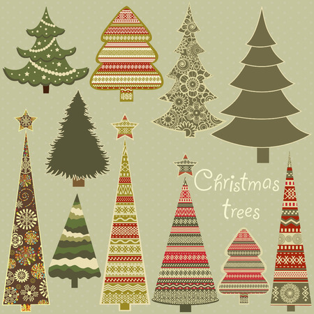 Set of stylized Christmas trees on green backgroundのイラスト素材