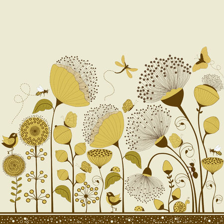 Floral card with stylized flowers and butterflies on beige backgroundのイラスト素材