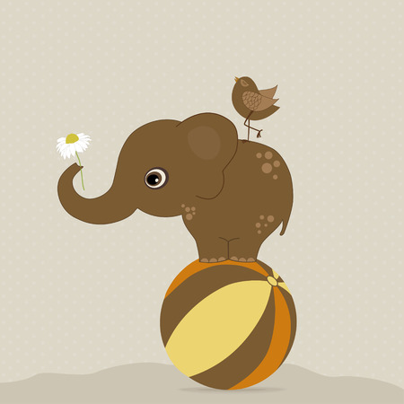 Elephant on the ball with a bird on beige backgroundのイラスト素材