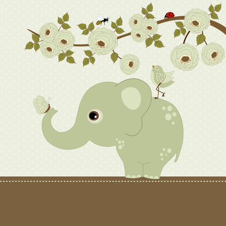 Greeting card with cute elephant, bird and branch with flowers and place for textのイラスト素材