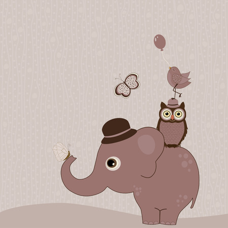 Cute elephant hat with birds and butterfliesのイラスト素材