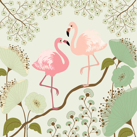 Floral background with pair of flamingosのイラスト素材