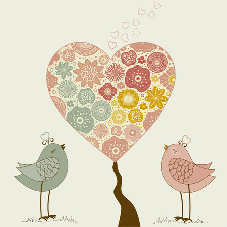 Greeting card with cute bird and tree heartのイラスト素材
