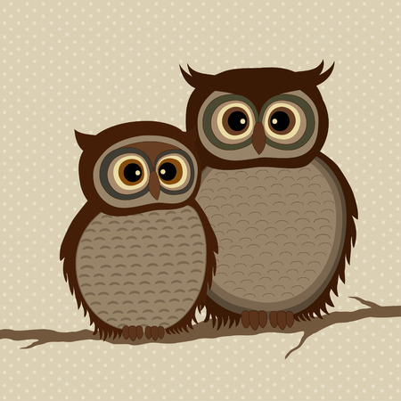 Pair of owls on a branch on beige background with dotsのイラスト素材