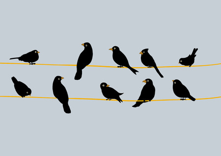Cute black birds on a wireのイラスト素材