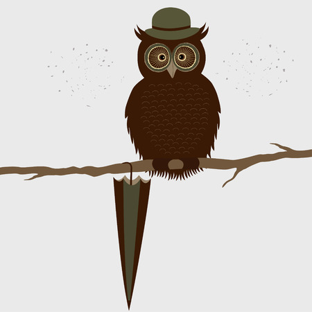 Cute owl with hat on a branchのイラスト素材