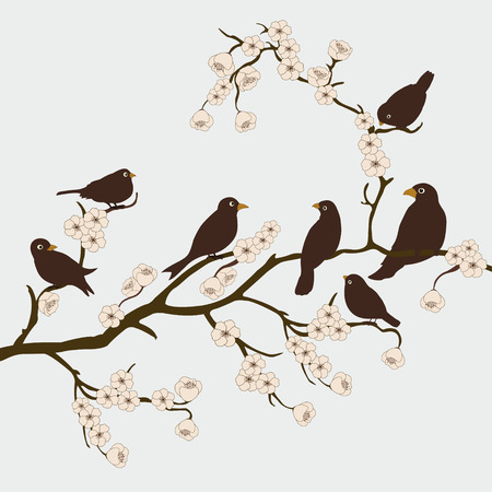 Birds on branch with flowersのイラスト素材