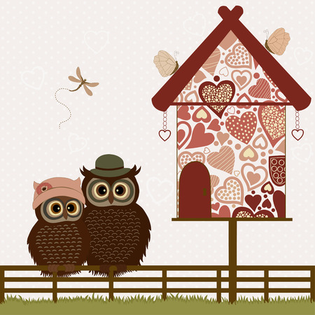 Cute owls and stylized bird house on pink backgroundのイラスト素材