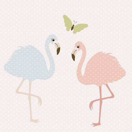Cute flamingos and butterfly. Vector textile stickersのイラスト素材