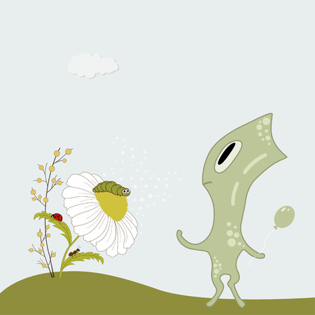 Green cute cartoon monster  with chamomile and insectsのイラスト素材
