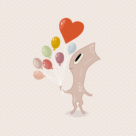 Cute cartoon pink monster with colorful balloonsのイラスト素材