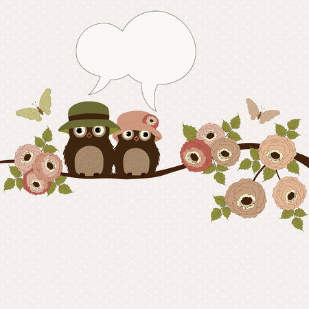 Cute owls on a branch with speech bubble and place for textのイラスト素材